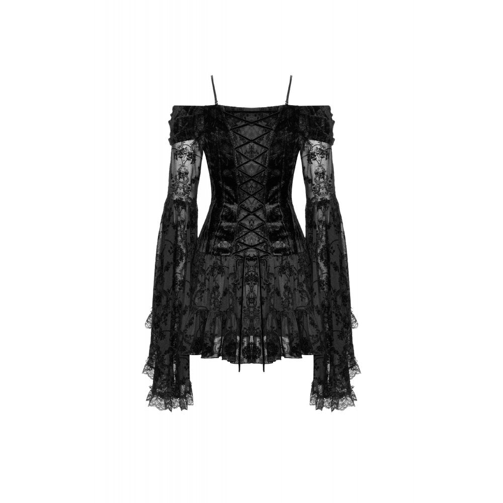 Elegant Dark In Love Alora Off Shoulder Lace Dress featuring flared sleeves and delicate lace details, perfect for sophisticated occasions.