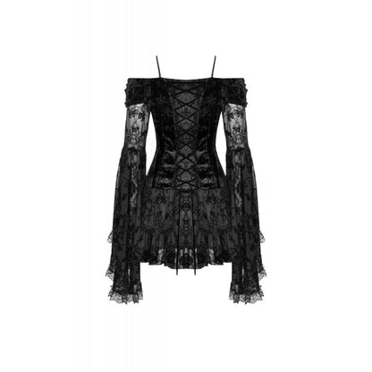 Elegant Dark In Love Alora Off Shoulder Lace Dress featuring flared sleeves and delicate lace details, perfect for sophisticated occasions.