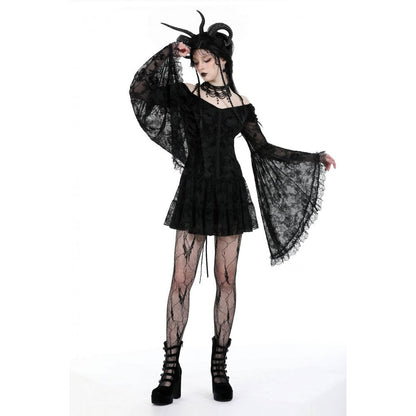 Full body image of the stunning Dark In Love Alora Off Shoulder Lace Dress, captured in natural light, illustrating its flattering shape and romantic flair.