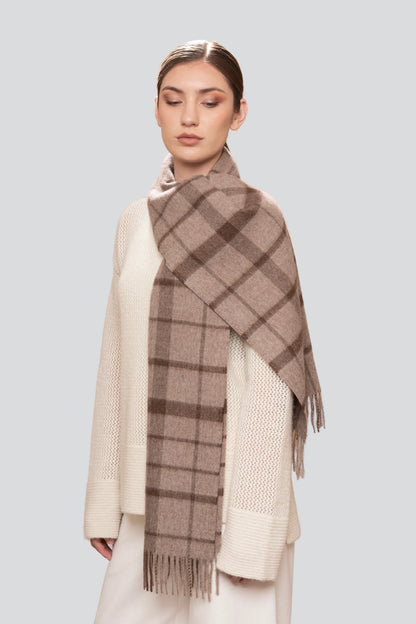 Luxury undyed alpaca plaid scarf showcasing elegant brushed texture and twisted fringes in natural hues.