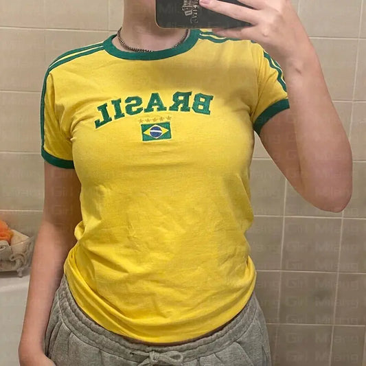 Women's  Embroidered Brasil Soccor Football Tee Vintage Casual Short Sleeve T-Shirt