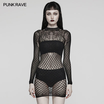 Luxurious Punk Rave Ansley Fitted Mesh Dress showcasing a daring open back design, ideal for fashion-forward layering.