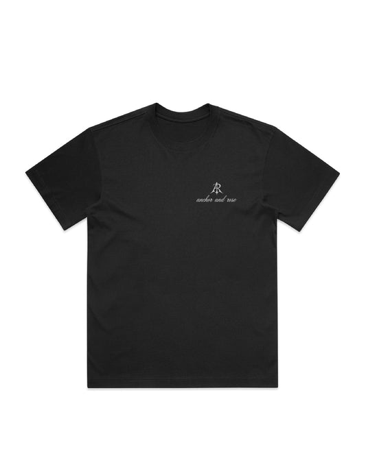 Luxury oversized script box t-shirt crafted from high-quality combed cotton fabric, available in sizes S to 3XL, showcased by Anchor and Rose Apparel.