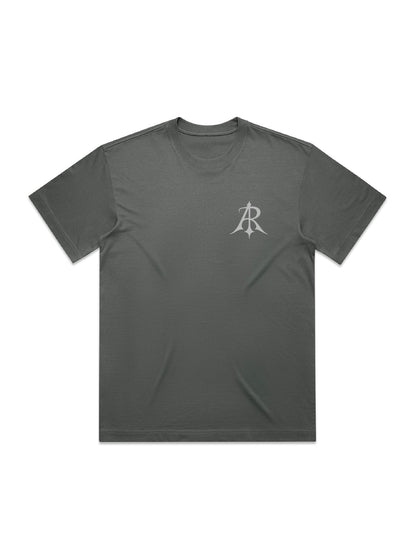 Close-up of the Crest Box T-Shirt's fine details, featuring twin stitching and wide neck ribbing by Anchor and Rose Apparel.