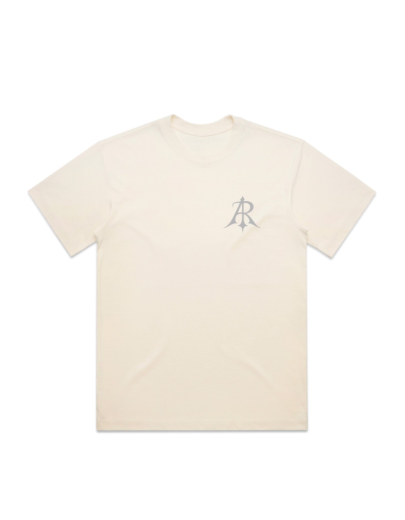 Delicate detailing on the Crest Box T-Shirt, showcasing the elegant design by Anchor and Rose Apparel, with wide neck ribbing and dropped shoulders for added sophistication.