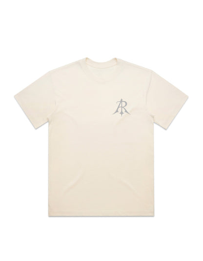 Delicate detailing on the Crest Box T-Shirt, showcasing the elegant design by Anchor and Rose Apparel, with wide neck ribbing and dropped shoulders for added sophistication.