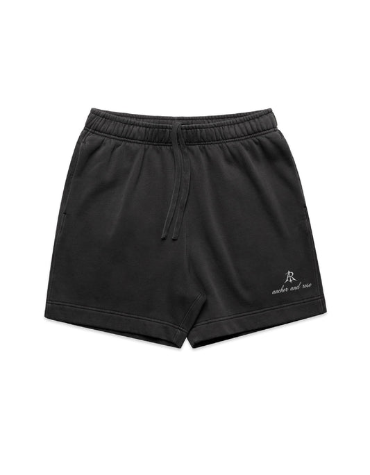Luxury relaxed fit script faded sweat shorts by Anchor and Rose Apparel featuring an elasticated waistband and practical side pockets, crafted from 80% cotton for ultimate comfort.