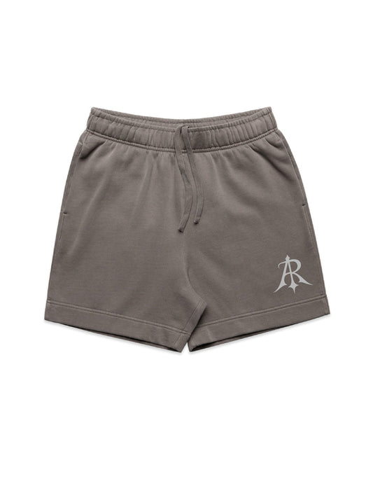 Crest Relaxed Faded Sweat Shorts by Anchor and Rose Apparel, showcasing mid weight cotton blend fabric, elastic waistband, and side pockets in a luxurious relaxed fit.