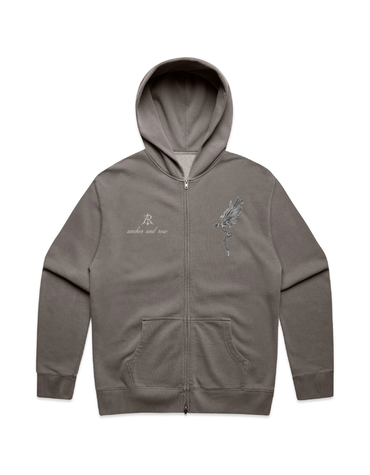 Elegant Fallen Angel Relaxed Faded Zip Hoodie by Anchor and Rose Apparel, crafted from a luxurious cotton blend, perfect for stylish comfort. Available in sizes S to 3XL.