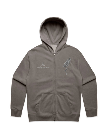 Elegant Fallen Angel Relaxed Faded Zip Hoodie by Anchor and Rose Apparel, crafted from a luxurious cotton blend, perfect for stylish comfort. Available in sizes S to 3XL.