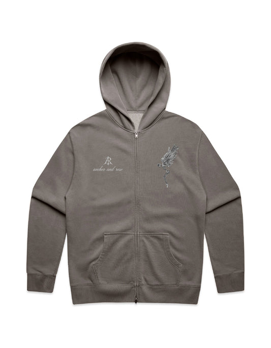 Elegant Fallen Angel Relaxed Faded Zip Hoodie by Anchor and Rose Apparel, crafted from a luxurious cotton blend, perfect for stylish comfort. Available in sizes S to 3XL.
