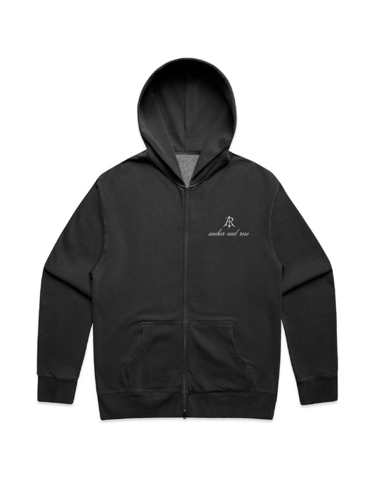 Luxury Faded Relax Zip Hoodie by Anchor and Rose Apparel, featuring a relaxed fit and elegant garment dye finish, made from 80% cotton and available in sizes S-3XL.