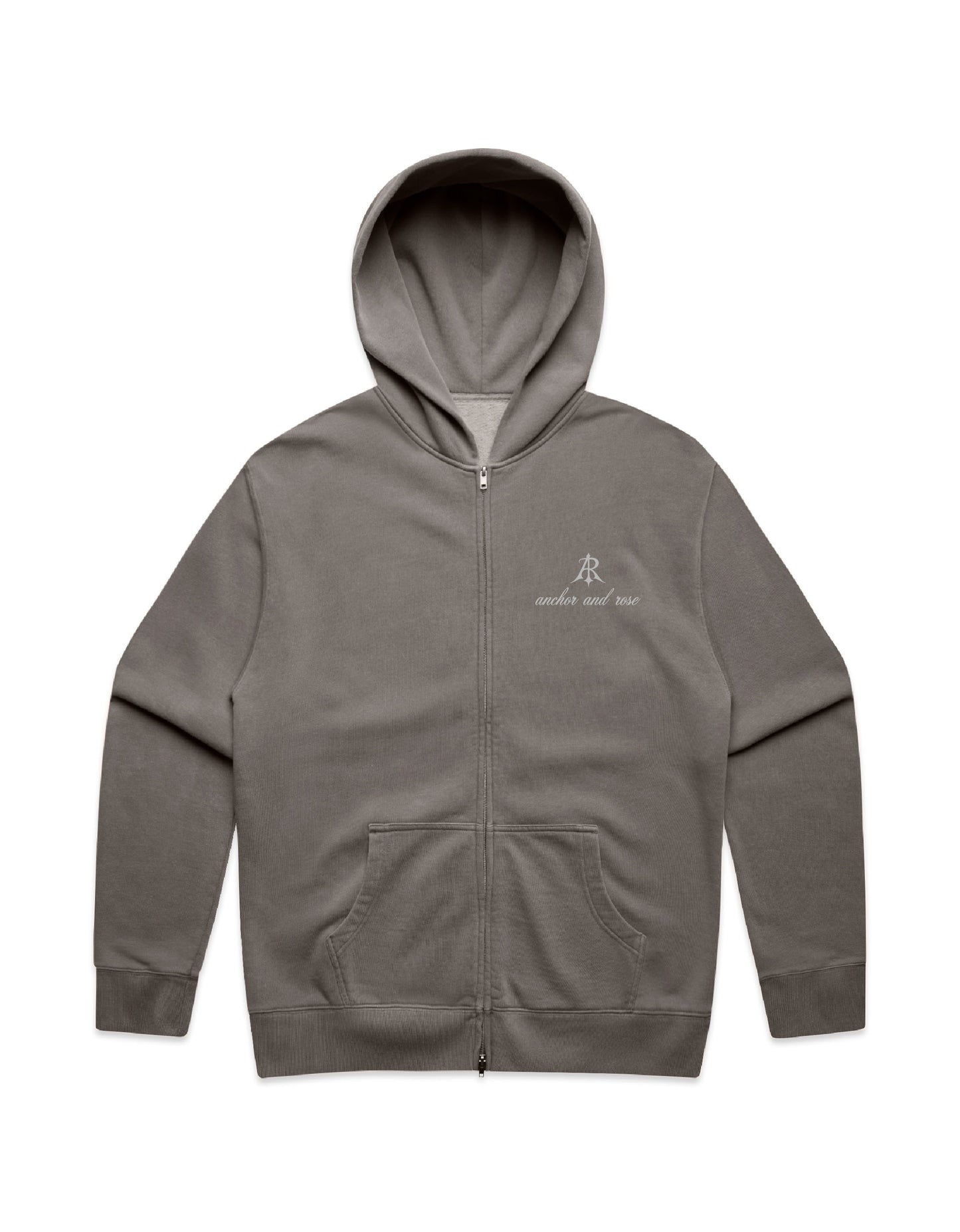 Close-up view of Anchor and Rose Apparel's Luxury Faded Relax Zip Hoodie, showcasing the soft mid-weight CVC fleece fabric and stylish silver SBS zip.