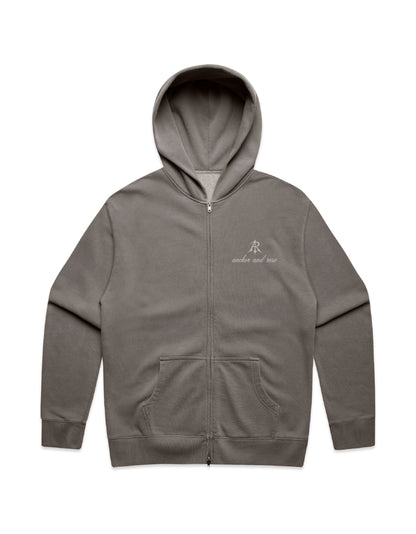 Close-up view of Anchor and Rose Apparel's Luxury Faded Relax Zip Hoodie, showcasing the soft mid-weight CVC fleece fabric and stylish silver SBS zip.