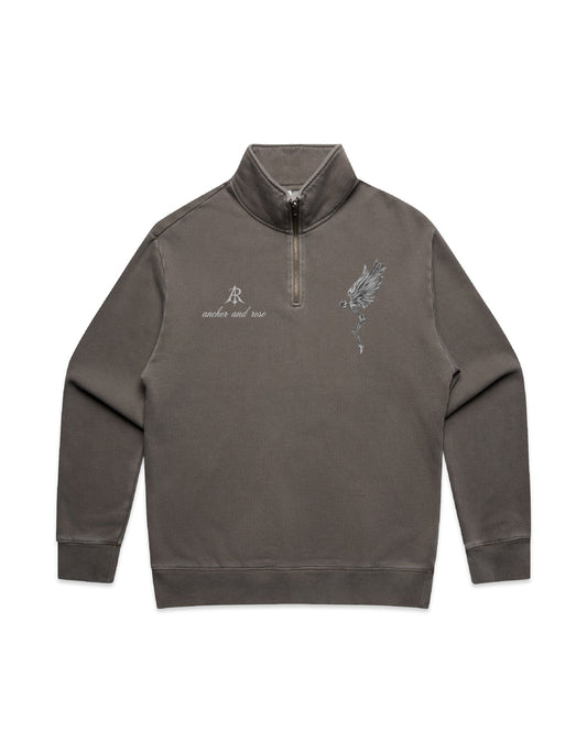 Close-up of the eco-friendly cotton blend fabric of Fallen Angel Faded Relaxed Half Zip Sweater by Anchor and Rose Apparel, featuring a rich texture and lightweight feel.