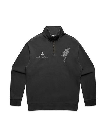 Fallen Angel Faded Relaxed Half Zip Sweater by Anchor and Rose Apparel in eco-friendly cotton blend, showcasing a luxurious mock neck and elegant ribbing details.