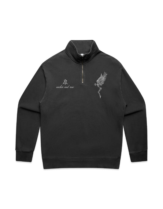 Fallen Angel Faded Relaxed Half Zip Sweater by Anchor and Rose Apparel in eco-friendly cotton blend, showcasing a luxurious mock neck and elegant ribbing details.