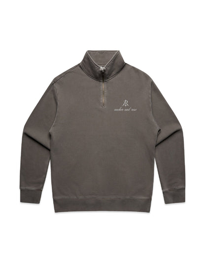 Faded Relaxed Half Zip Sweater for Men by Anchor and Rose Apparel, showcasing a luxurious mid-weight fabric blend of 80% cotton and 20% recycled polyester.