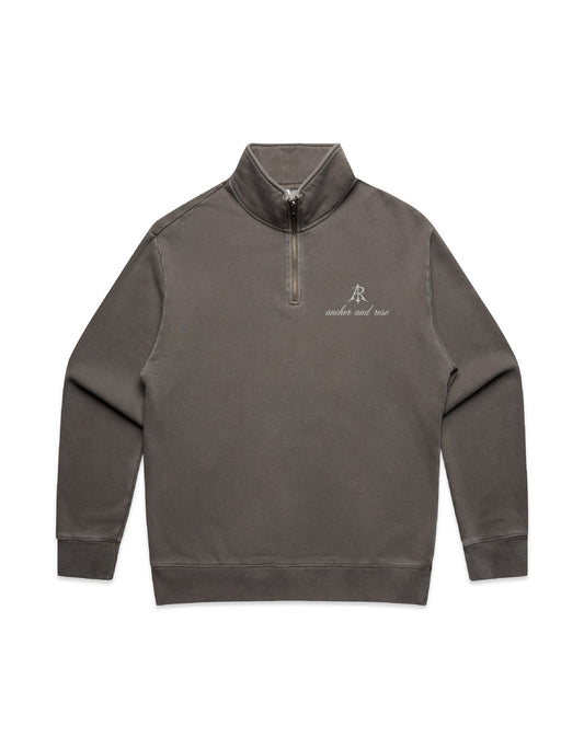 Faded Relaxed Half Zip Sweater for Men by Anchor and Rose Apparel, showcasing a luxurious mid-weight fabric blend of 80% cotton and 20% recycled polyester.