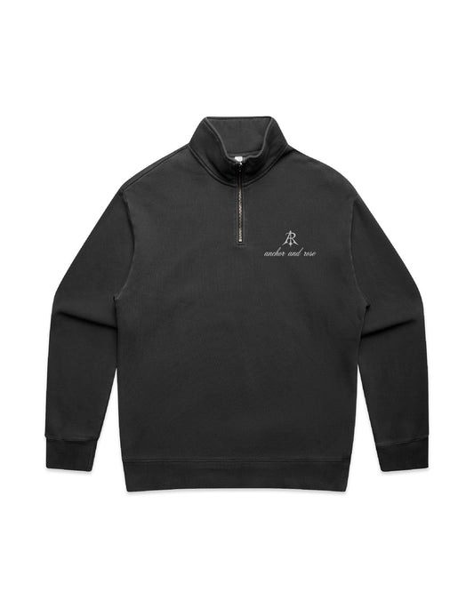 Stylish detailed close-up of the Faded Relaxed Half Zip Sweater collar, featuring ribbed cuffs and hem, designed by Anchor and Rose Apparel.