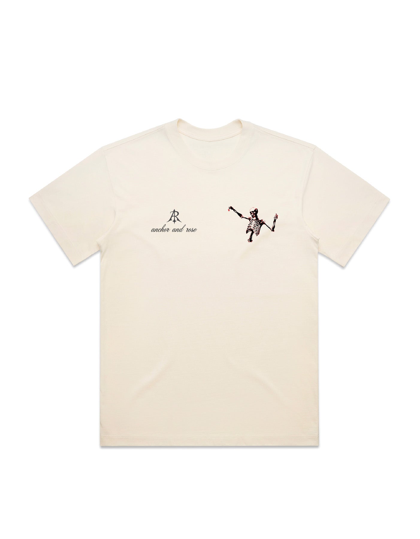 Luxury oversized t-shirt featuring a dancing skeleton design by Anchor and Rose Apparel, crafted from heavyweight combed cotton for ultimate comfort and style.