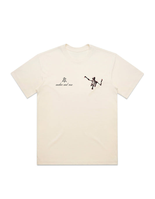 Luxury oversized t-shirt featuring a dancing skeleton design by Anchor and Rose Apparel, crafted from heavyweight combed cotton for ultimate comfort and style.