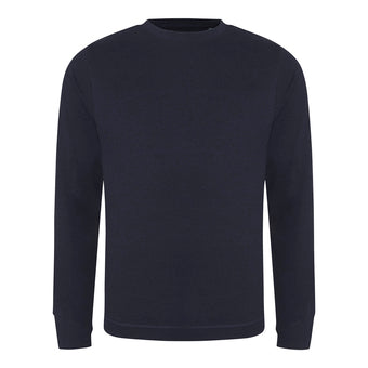 Luxurious long sleeve recycled sweatshirt, showcasing a chic crew neck design and set-in sleeves, made from 70% regenerated cotton.