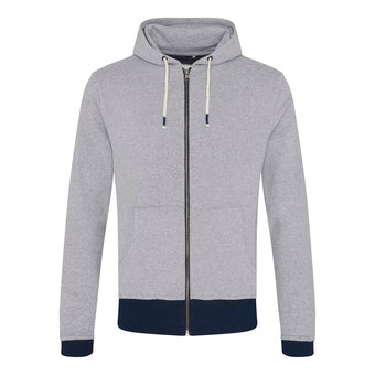 Stylish contrast zipped hoodie in elegant muted tones, designed for sustainability and comfort.