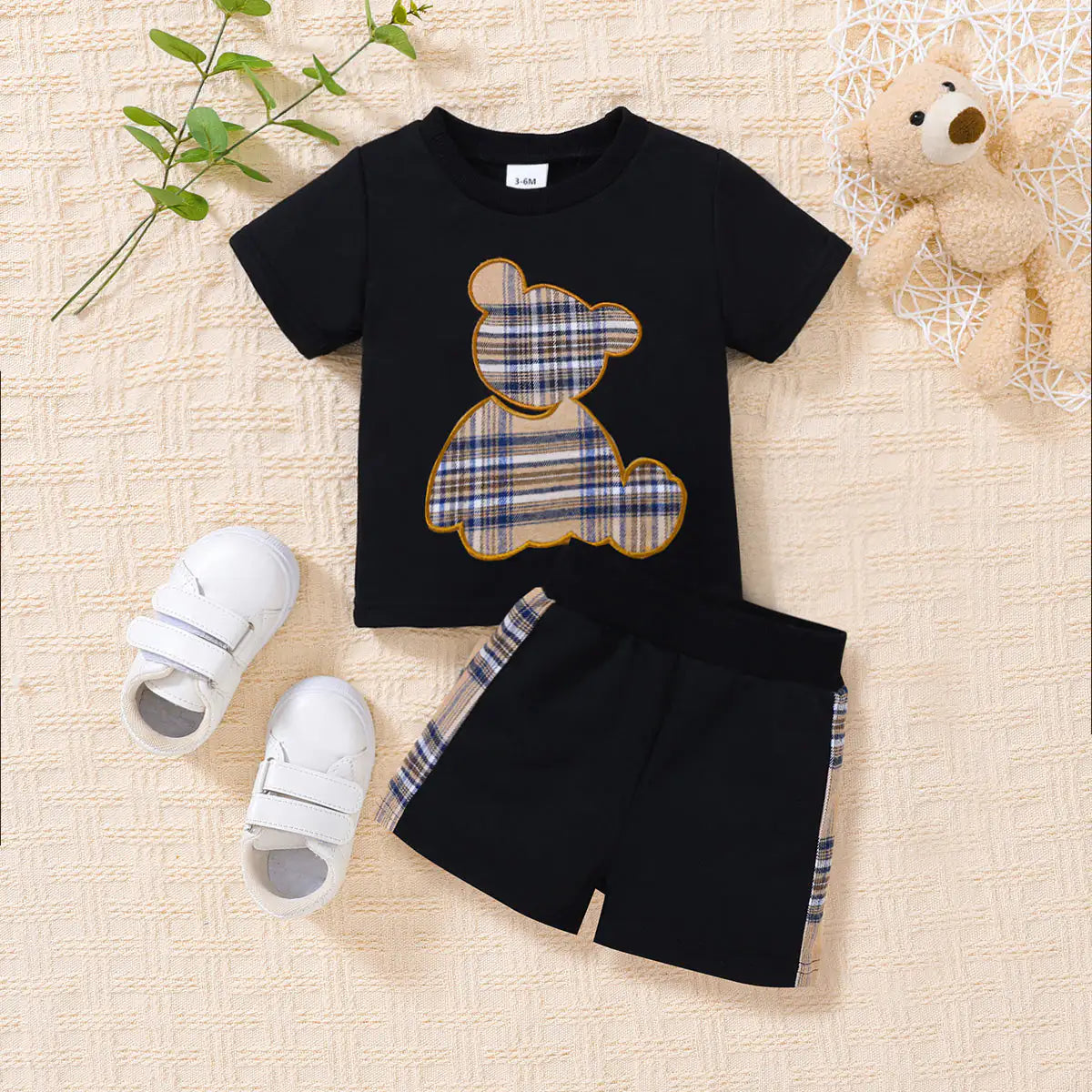 Baby's  Bear Graphic Round Neck Tee and Short Set