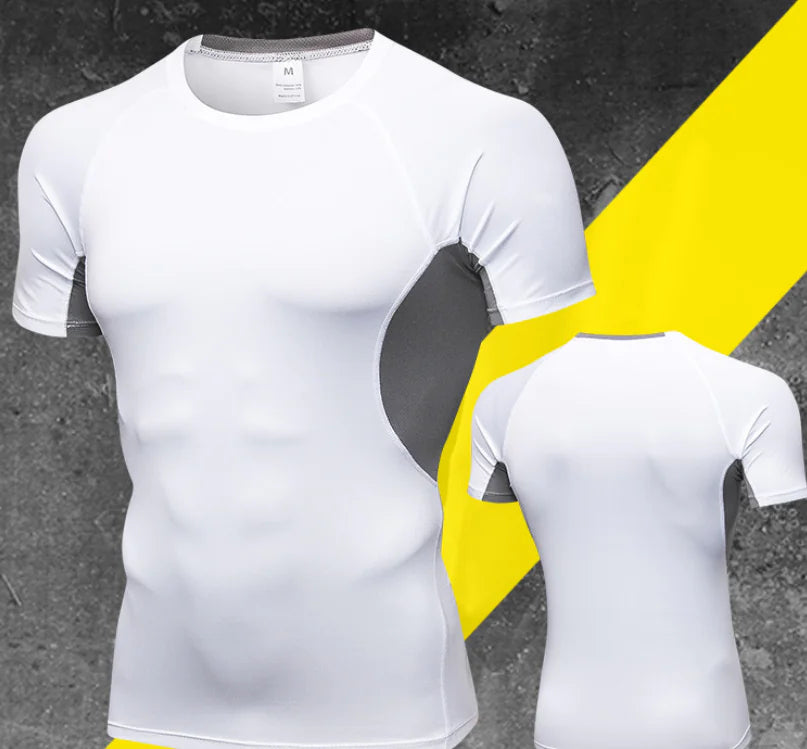 Refined men's white compression shirt showcasing stylish grey detailing, designed for exceptional comfort and versatility in active wear.