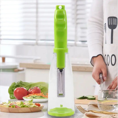 Sophisticated green multifunctional stainless storage peeler displayed in a stylish kitchen setting, highlighting its sleek design and functionality.
