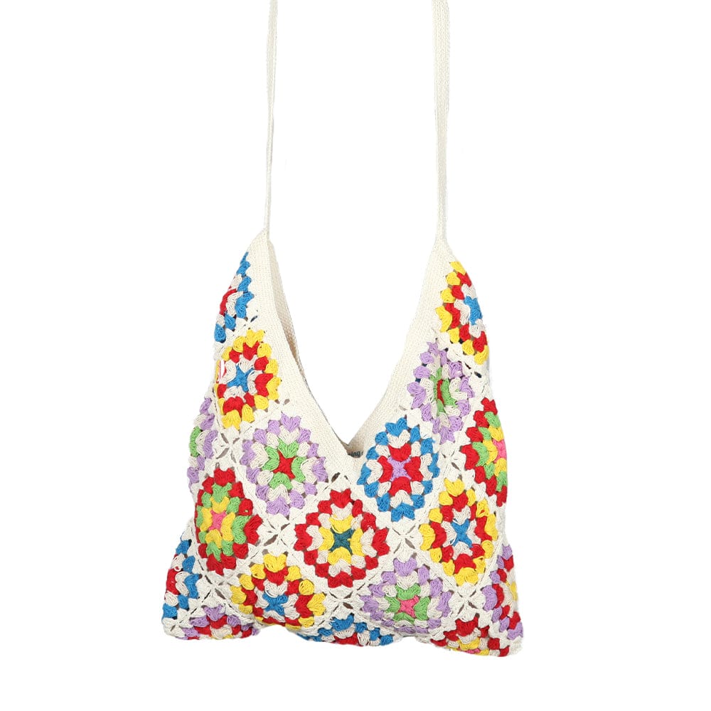 Elegant handmade crochet granny square shoulder bag featuring a unique multicoloured design on a vanilla ice-cream background, measuring 15" x 16" and crafted from 100% cotton.