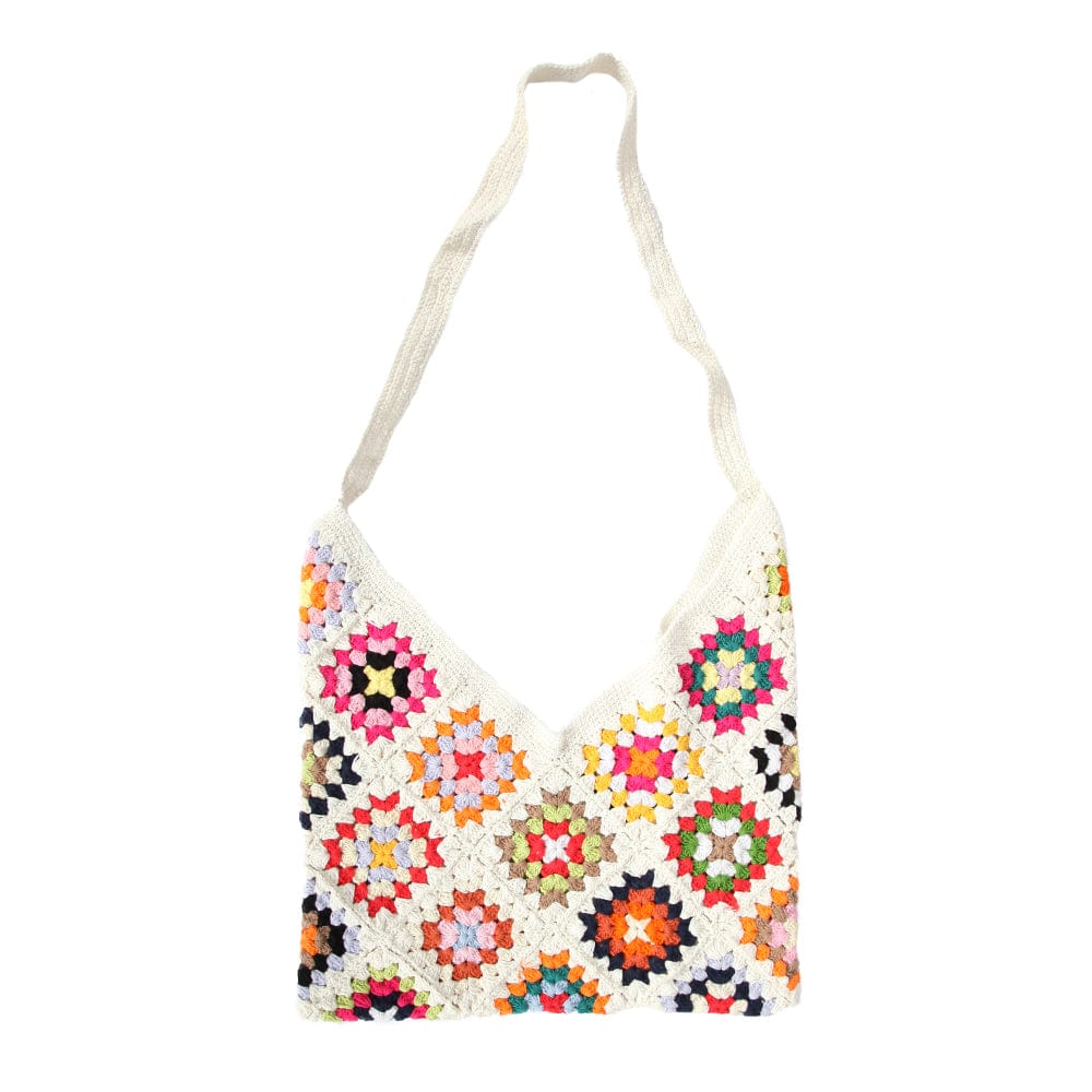 Luxurious handmade crochet granny square shoulder bag in unique multicoloured design, featuring a vanilla ice-cream background, perfect accessory for hippy fashion lovers. Size 15" x 16", crafted from 100% cotton.