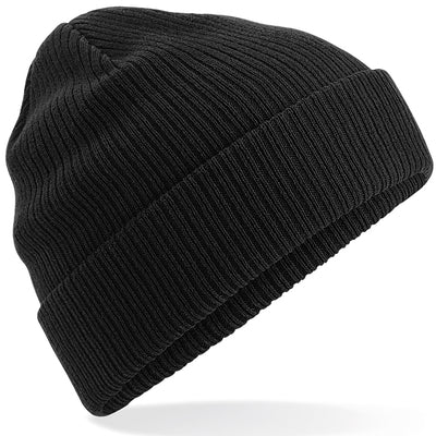 Close-up view of the luxurious double layer knit of the organic cotton beanie, highlighting its softness and premium quality.