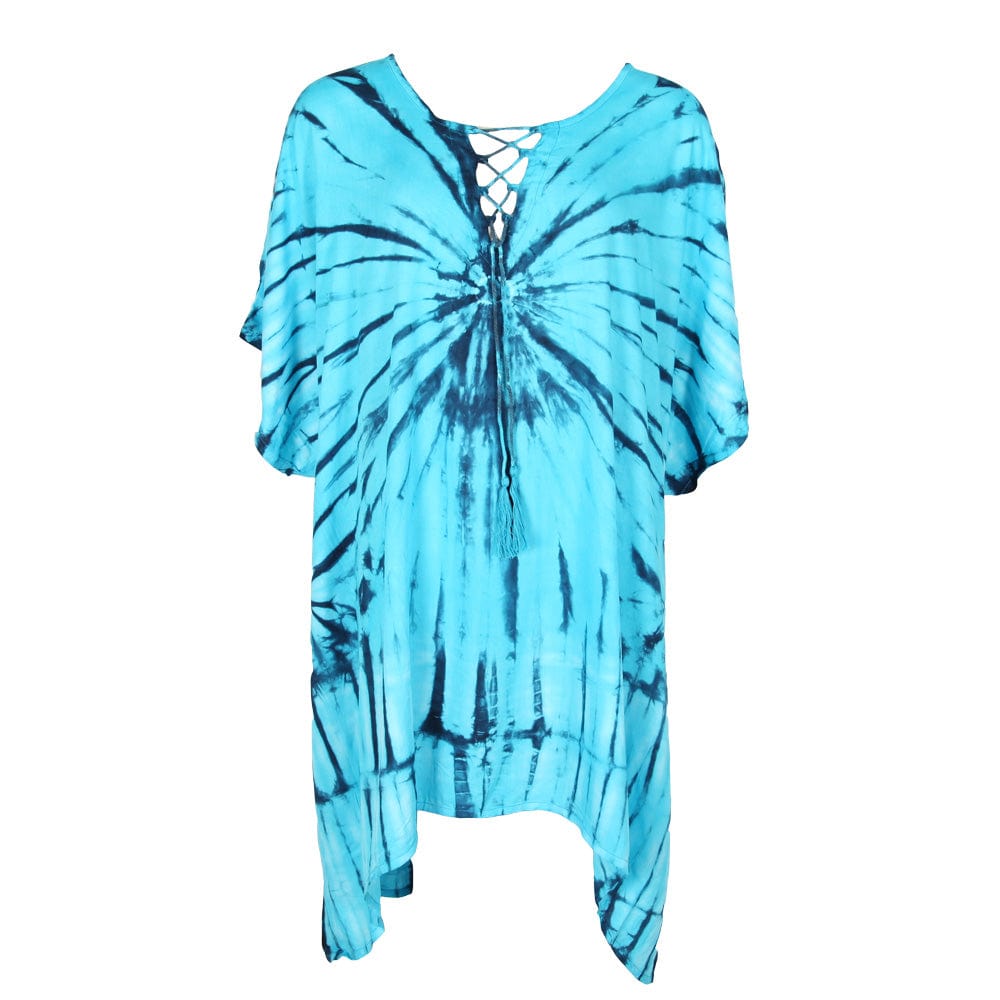 Elegant plus size tie dye poncho kurta top featuring a stylish lace-up neck, perfect for summer festivals, beach outings, and casual vacations, available in bold colours and flowing rayon material.
