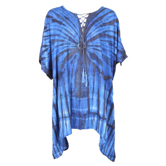 Elegant plus size tie dye poncho kurta top with lace-up neck, showcasing a vibrant sunburst pattern, perfect for summer festivals.