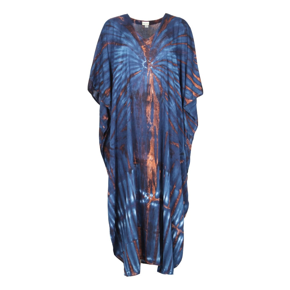 Luxury full-length tie dye kaftan dress in deep navy blue with dramatic sunburst pattern, perfect beach cover-up for stylish summer days.