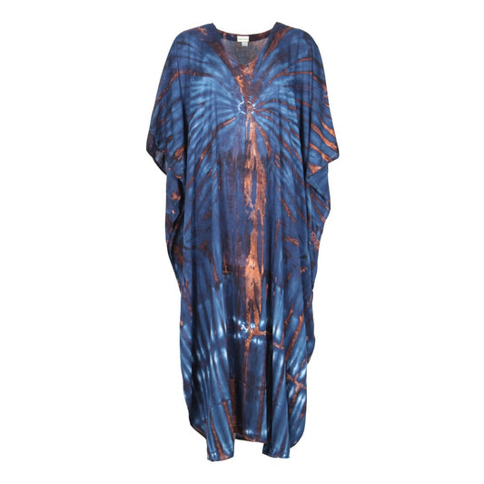 Luxury full-length tie dye kaftan dress in deep navy blue with dramatic sunburst pattern, perfect beach cover-up for stylish summer days.