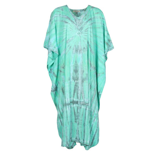 Elegant mint green tie dye kaftan tunic dress, one size fits UK 8-16, ideal for lounging or dressing up for summer outings.