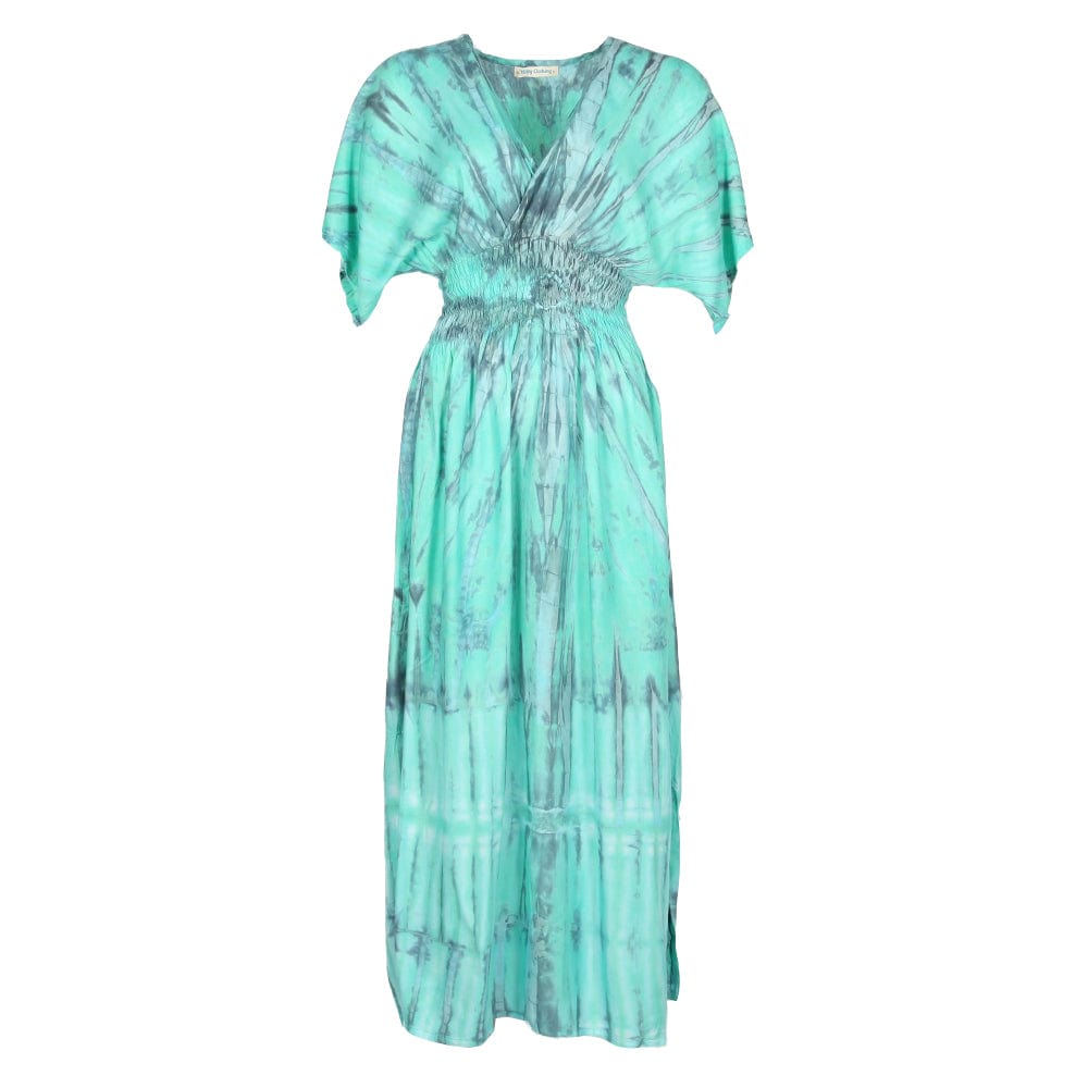 Elegant kimono sleeves detail of a stunning tie dye summer dress, illustrating the beautiful flow and design ideal for UK sizes 8-16.