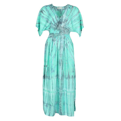 Elegant kimono sleeves detail of a stunning tie dye summer dress, illustrating the beautiful flow and design ideal for UK sizes 8-16.