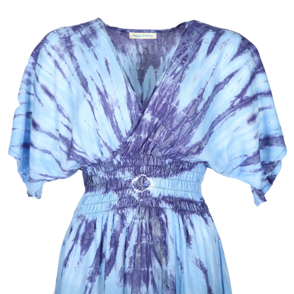 Ankle-length view of a fashionable tie dye summer maxi dress, featuring a flattering silhouette and a chic crossover top, perfect for dressing up or down.