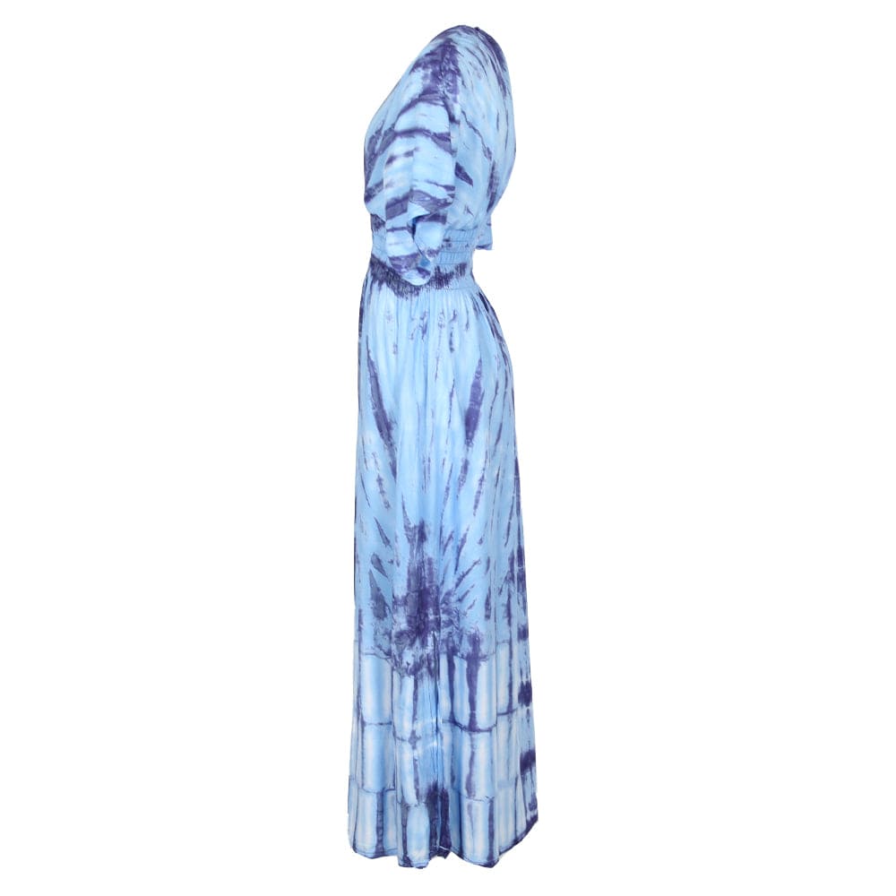 Various colour options of the elegant tie dye maxi dress, including navy blue with orange rust and white with blue, perfect for beach outings or casual lounging.