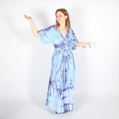 Elegant tie dye summer maxi dress featuring floaty kimono sleeves, perfect for warm weather wear, one size fits UK 8-16.
