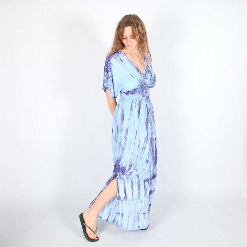 Stunning tie dye patterns on a flowy ankle-length maxi dress, ideal for beach outings or casual evenings, crafted from luxurious 100% rayon.