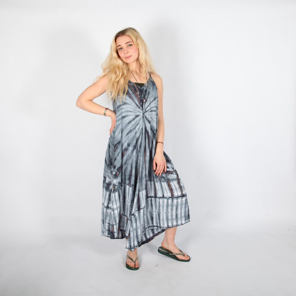 Chic Tie Dye Wide Leg Jumpsuit with V neck and pockets, showcasing a stylish sunburst tie dye pattern in cloud grey, perfect for summer occasions. Available in one size fitting UK 8-16, combining elegance and comfort with its soft 100% Rayon fabric and breathable design.