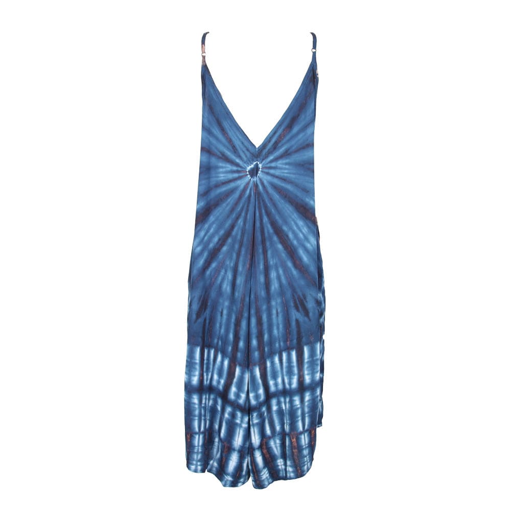 Elegant Chic Tie Dye Wide Leg Jumpsuit with V neck, crafted from soft breathable rayon, ideal for festivals and beach outings while ensuring stylish mobility.
