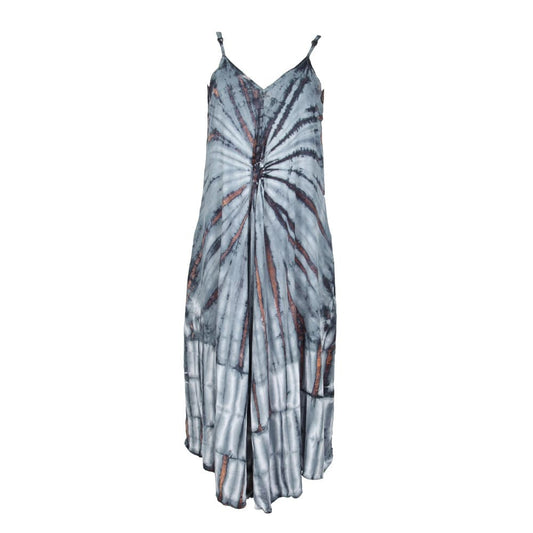 Chic Tie Dye Wide Leg Jumpsuit in dreamy cloud grey, showcasing a flattering V neck design and wide leg silhouette for effortless summer elegance.