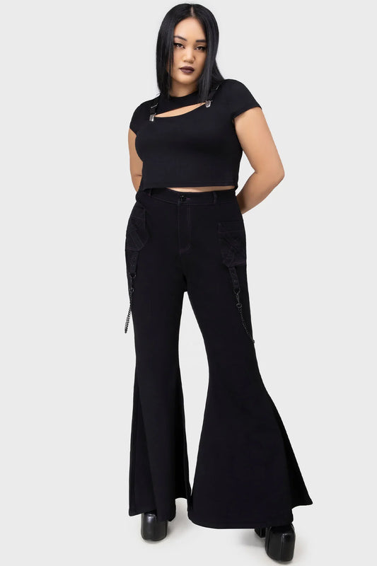 Sophisticated Killstar Beliala Fit & Flare Trousers showcasing a dramatic silhouette, featuring elegant purple stitching, adjustable straps with luxurious metal hardware, and functional pockets for goth-inspired style and comfort.