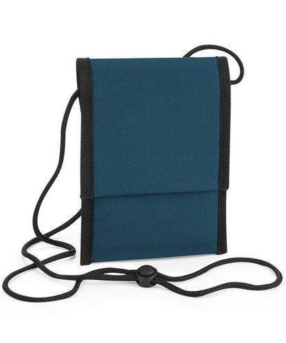 Elegant PVC-free recycled cross body pouch featuring a passport pocket and adjustable neck cord, ideal for secure travel and stylish outings.